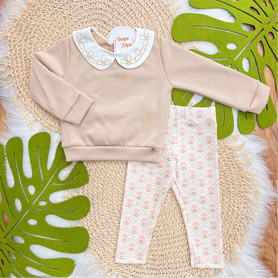 Conj. Casaco com Gola de Flores e Calça Legging - Areia